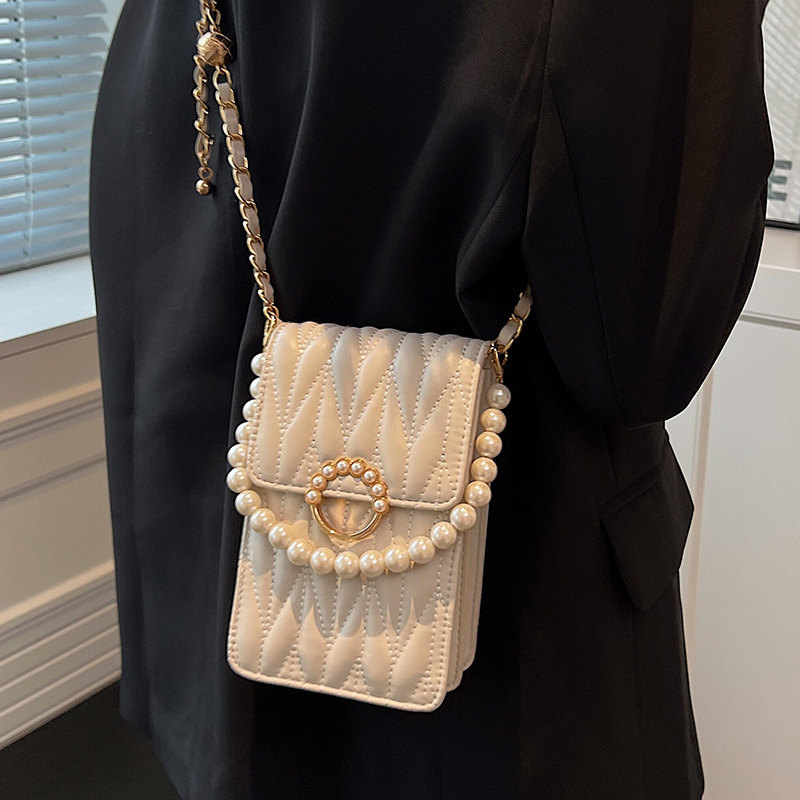 Free Shipping Mini Phone Bag Shoulder Bag Women's New Trendy Summer Versatile Pearl Chain Crossbody Bag Fashion Mesh Handbag