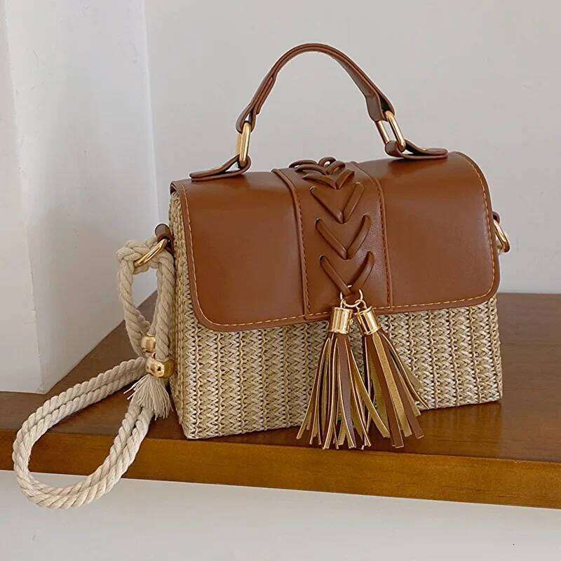 Retro Style Woven Grass Mini Bag Casual Women's Shoulder Crossbody Summer New Box Shape Handbag For Ladies