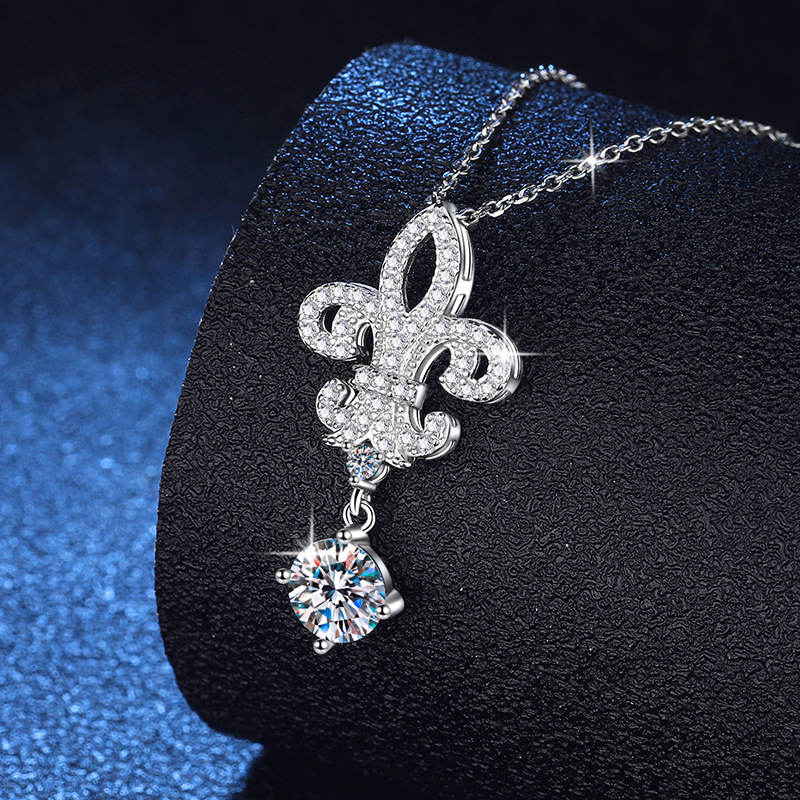 S925 Sterling Silver Moissanite Necklace with 1ct D-Color Moissanite, Crown and Iris Flower Design, Elegant and Timeless Pendant for Women