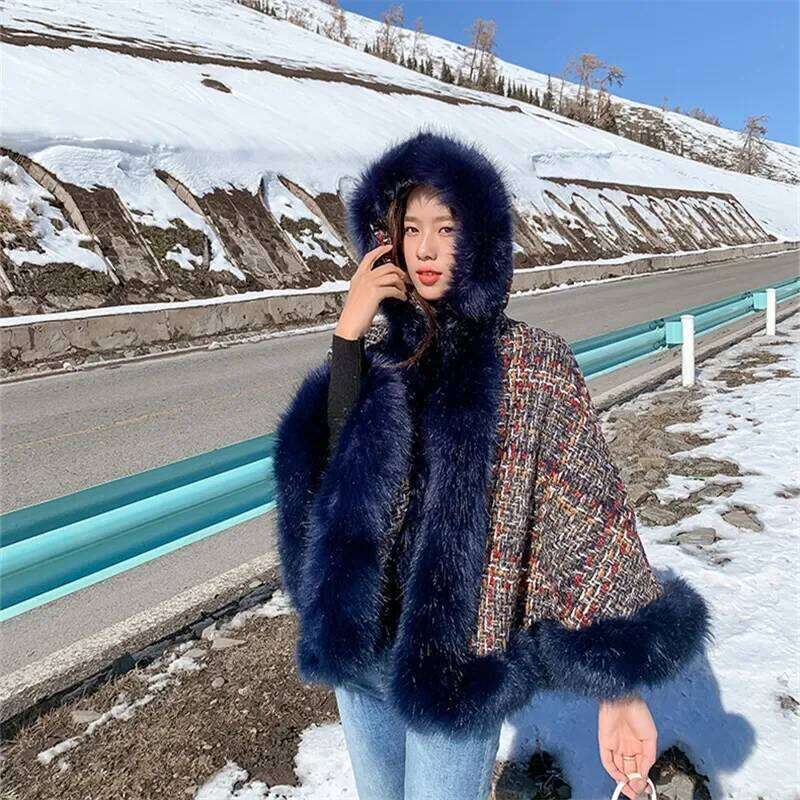 2025 Winter Thick Tweed Jacket Women Big Collar Hooded Shawl Cloak Fur Coat Female Loose Casual Woolen Ponchos And Capes