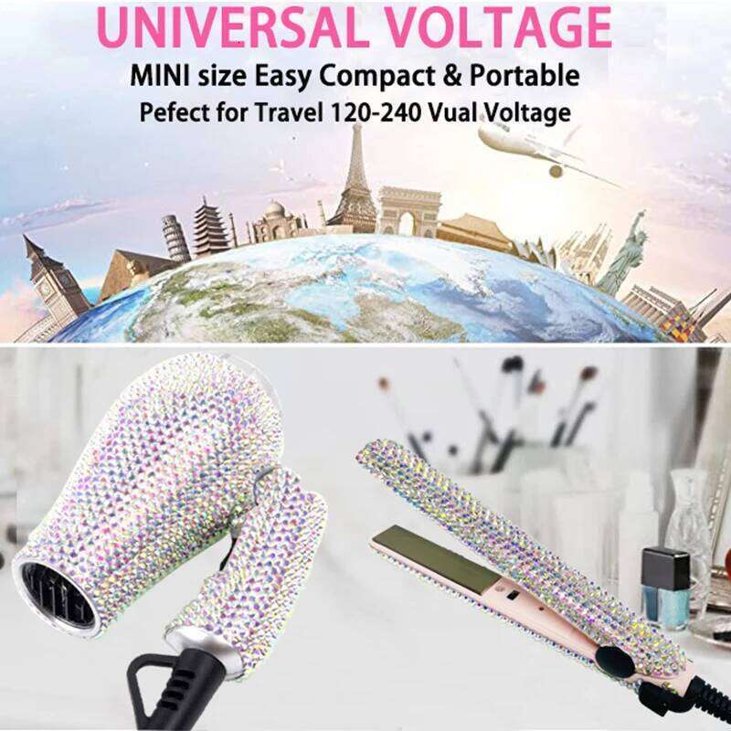 Mini Portable Blow Set Travel And Small Flat Iron With Rhinestone Folding Handle Hair Dryer For Women