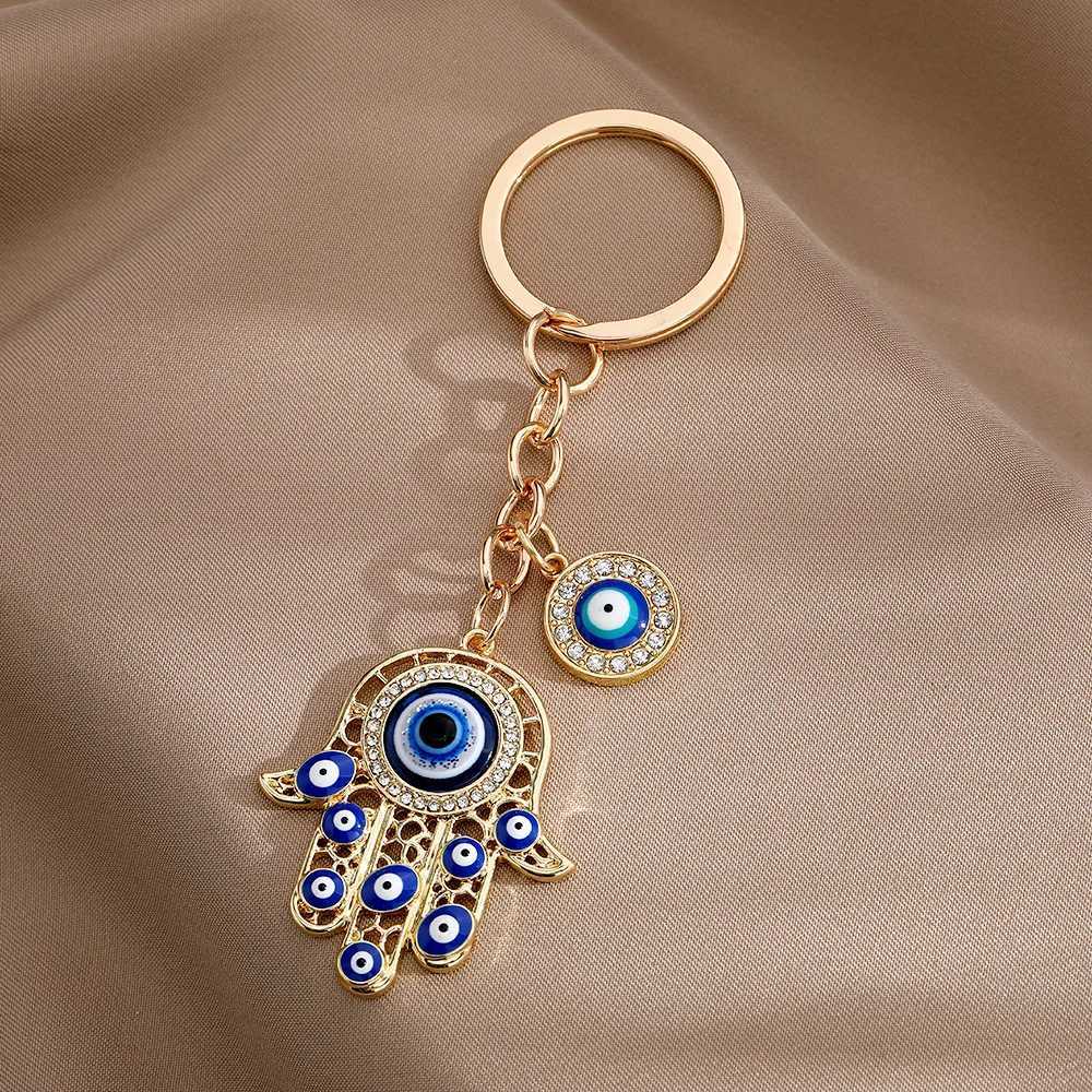 Ethnic Style Lucky Blue Evil Eye Keychain Charm Crystal Fatima Hasma Hand Key Ring Holder Key Bag Charms For Women Men M250604