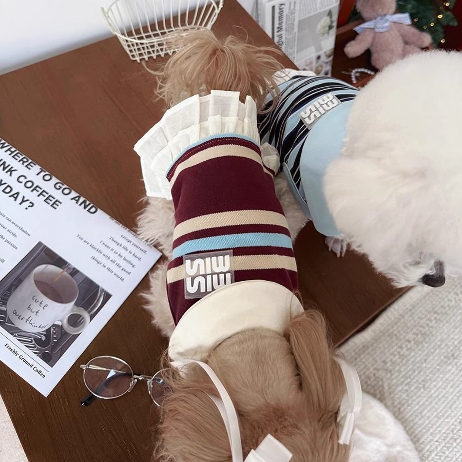 Dog Polo Collar Stripe Dress Summer Cat Outfits Soft Breathable Cotton Dogs Apparel Clothes for Small Medium Girls Puppy Lightweight Pet Dresses M D77
