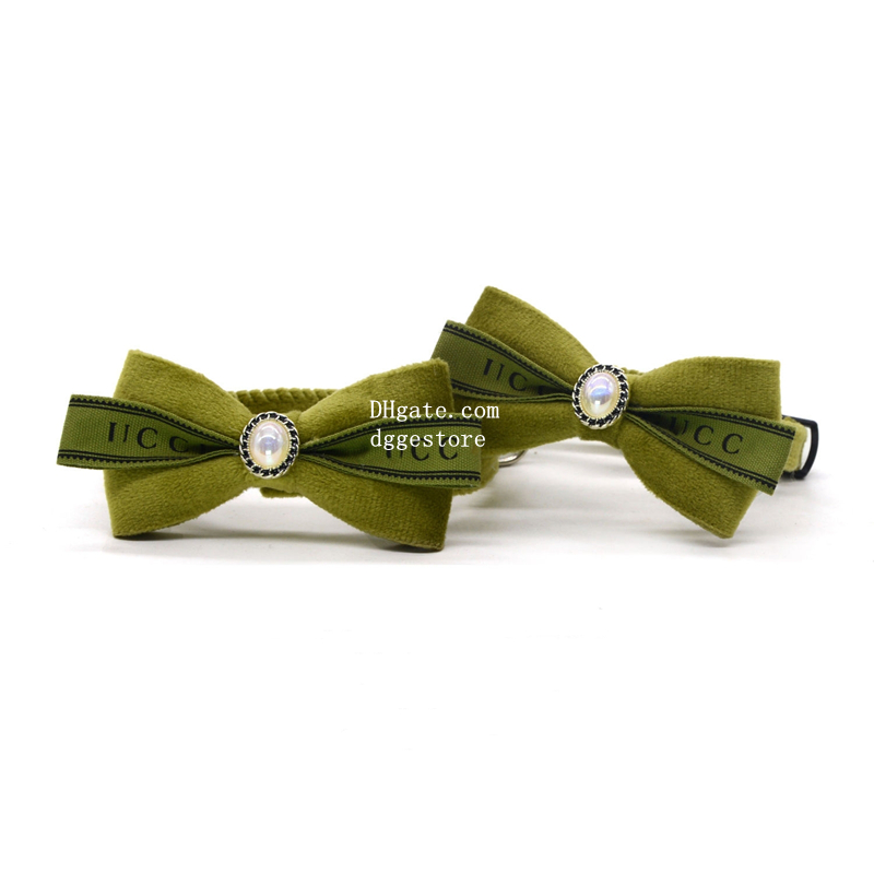 Designer Soft Corduroy Cat Collars with Bow Tie and Jewelry Decoration, Adjustable Breakaway Cotton Kitty Bowtie Collar for Girl Boy Kitten Green S B2