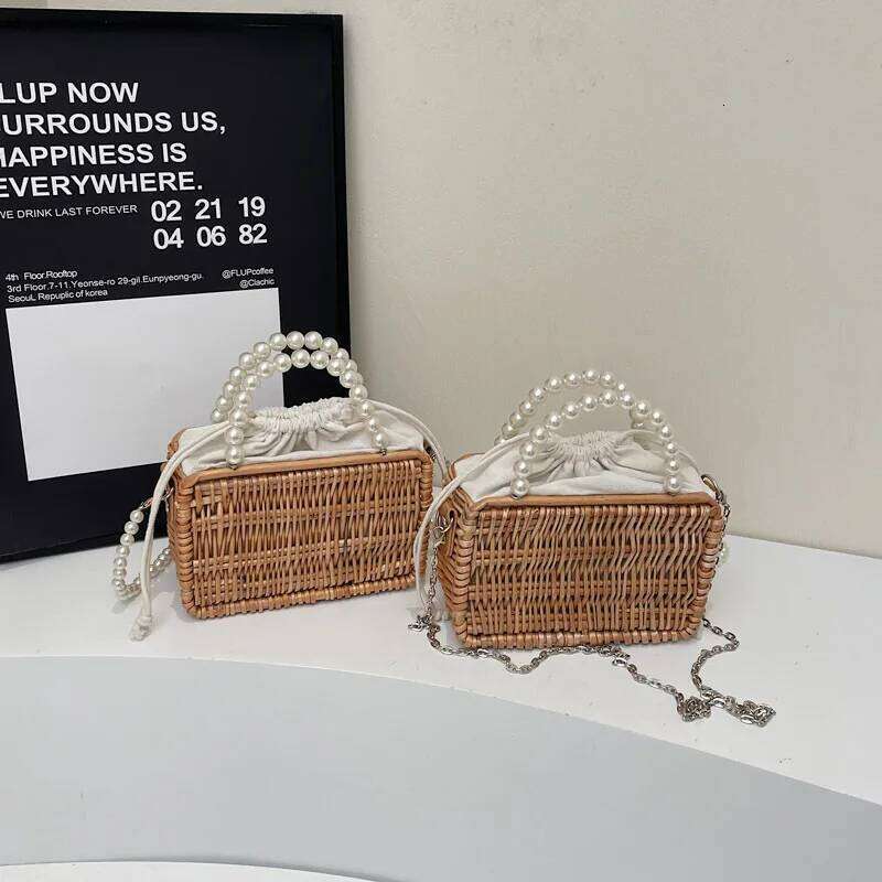 Women's Bags Designer Bohemian Woven Straw Basket Pearls Beaded Rattan Bags For Women Handbag Summer Travel Beach Shoulder Crossbody Bag Box Purs