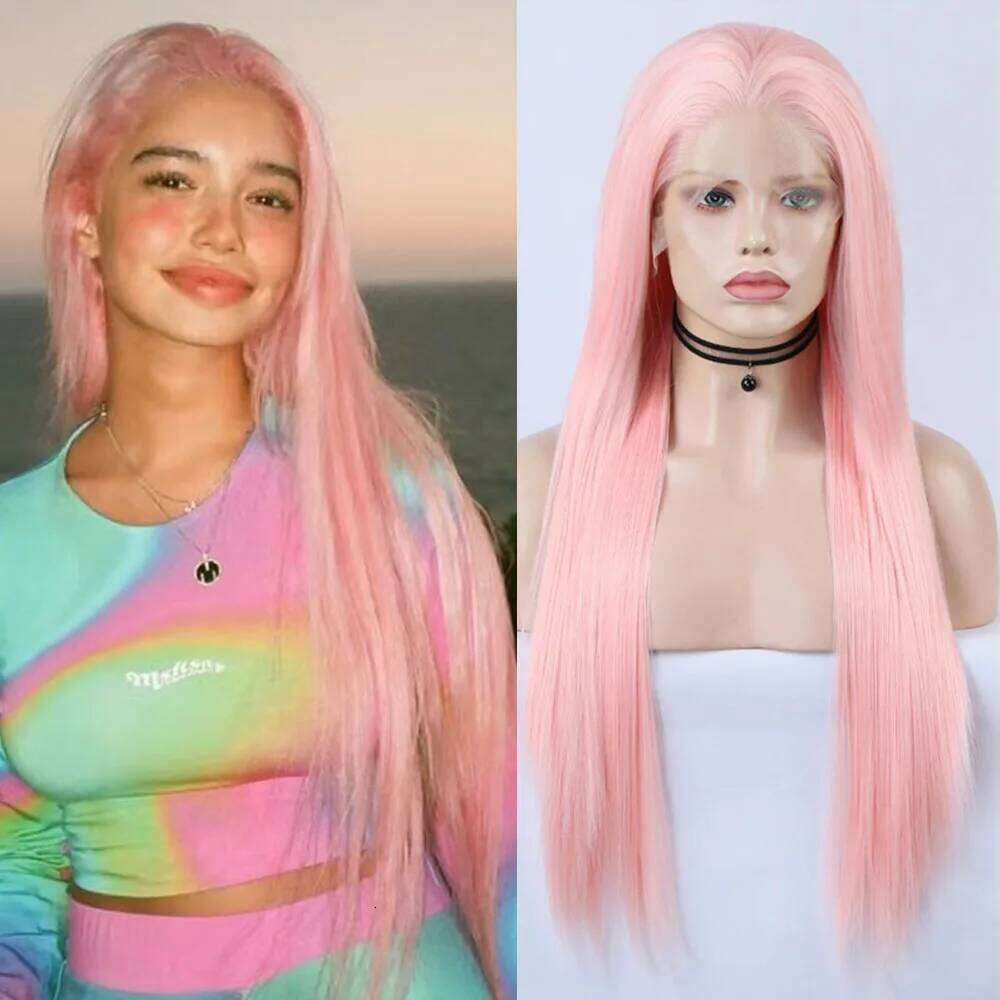 Light Straight Women Cosplay Synthetic Wig Silk Long Bubble Heat Fiber Lace Front Wigs Pink Fashion Hair
