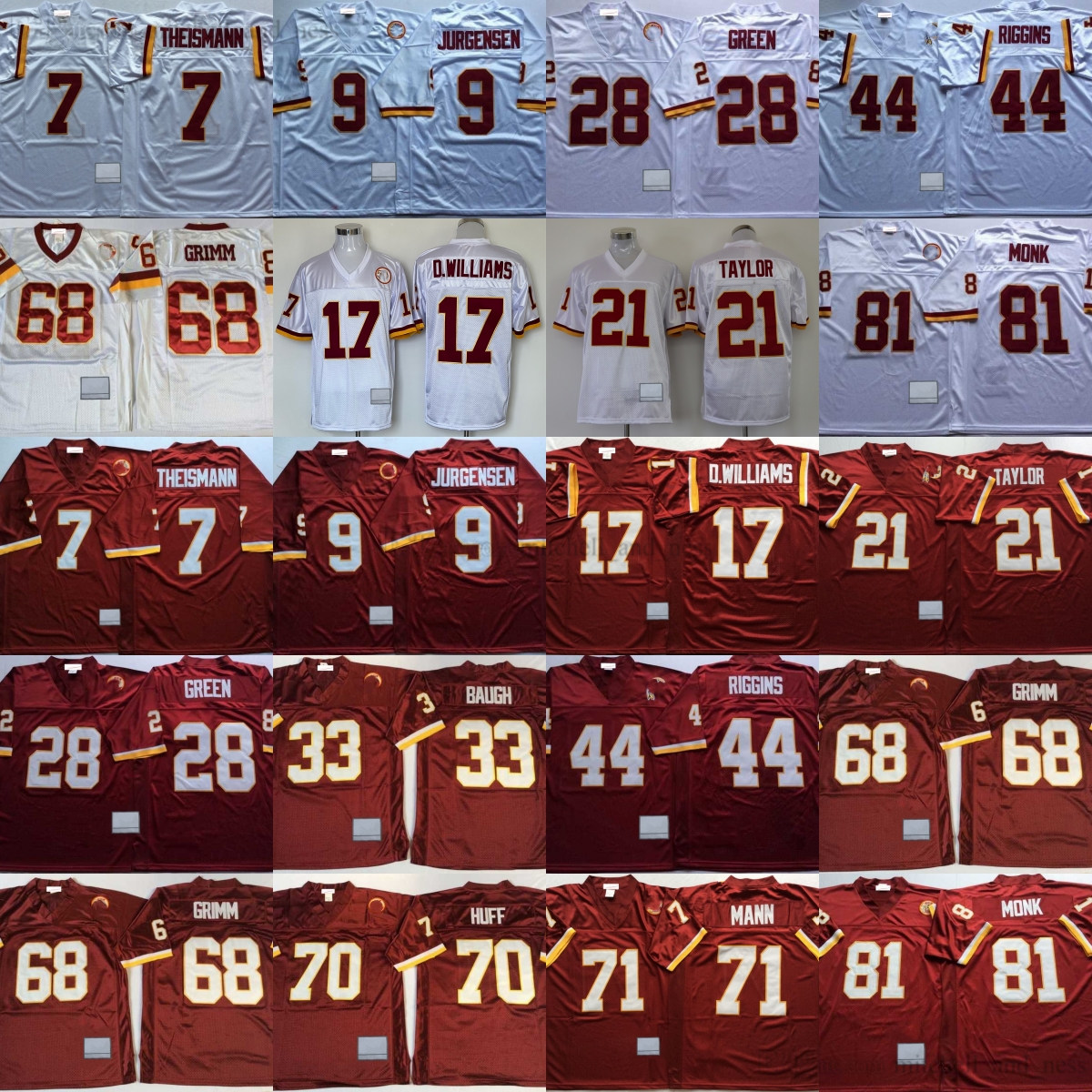Throwback Football 7 Joe Theismann Jersey Stitched 9 Sonny Jurgensen 17 Doug Williams 21 Sean Taylor 28 Darrell Green 44 John Riggins 68 Russ Grimm 81 Art Monk Jerseys
