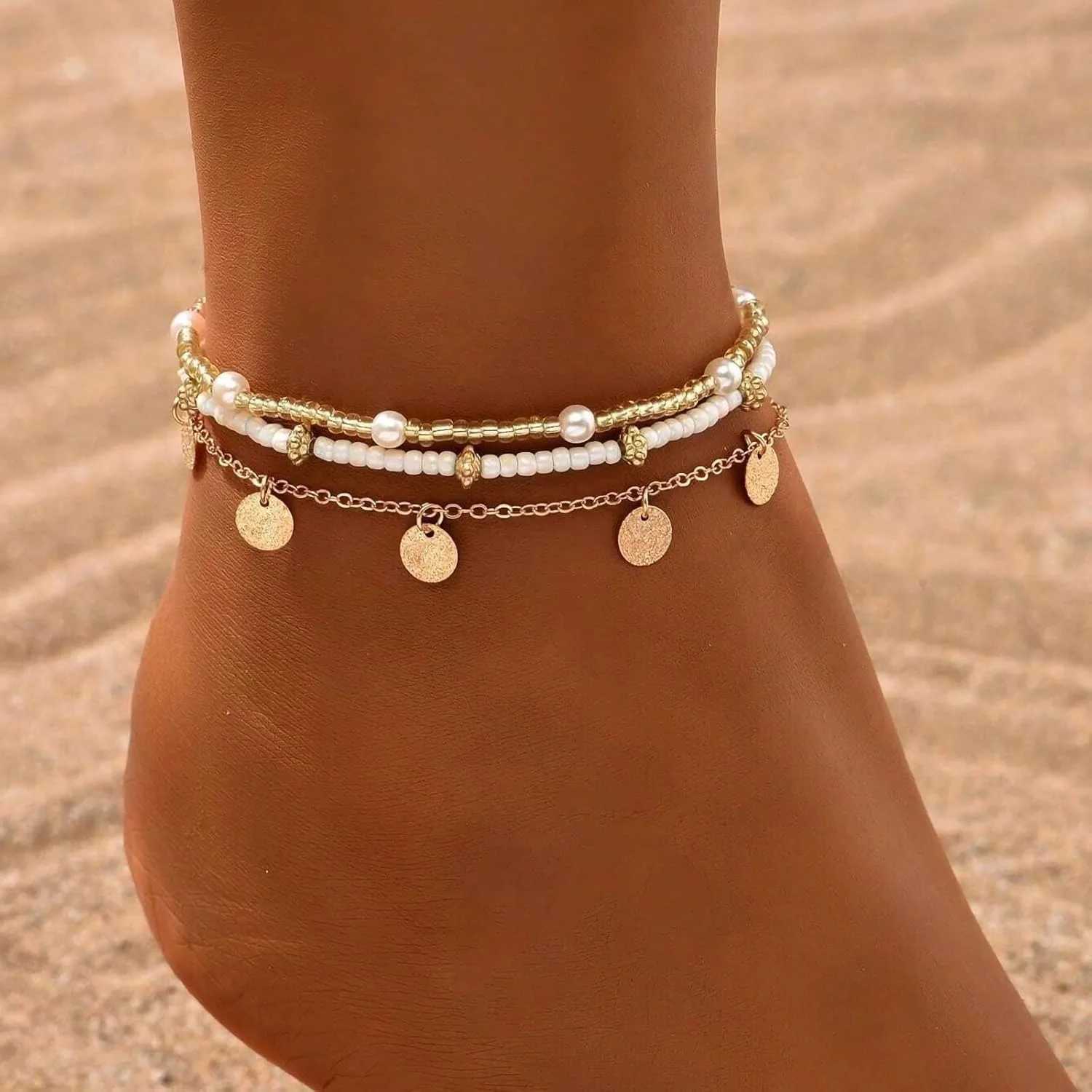 Gold Plated Boho Bead Adjustable Anklet Hawaiian Beach Seashell Pearl Foot Jewelry Gifts Shell Ankle Bracelet Set for Women W250604