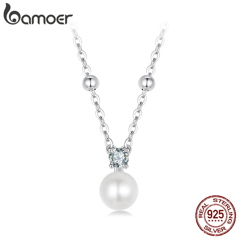 BAMOER Diamond Shiny Moissanite Pearl Pendant Necklace For Women Wedding Party 925 Sterling Silver with White Gold Plating Jewelry MSN042