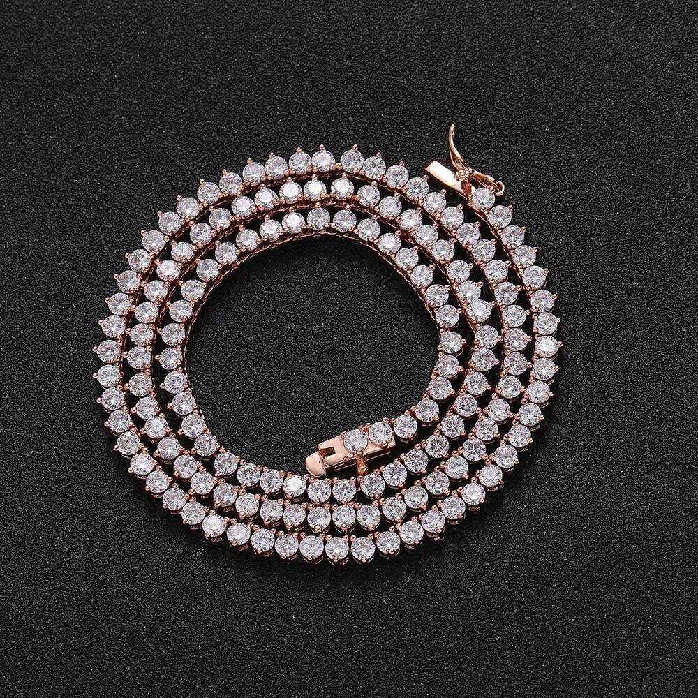 3MM Rose Gold Color White CZ 3 Prong Set Tennis Chain Women Necklace Fashion Jewelry BC101