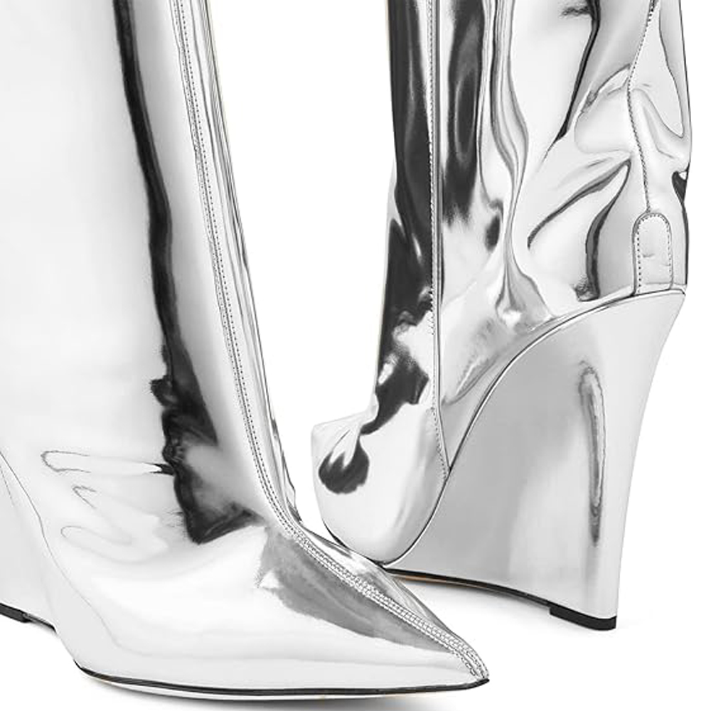 ARQA Ladies' Pointed-Toe Metallic Thigh-High Boots with Platform Sole
