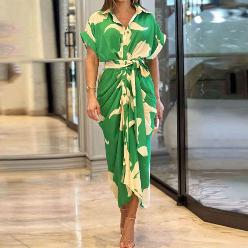 Women's Summer Tie Waist Short Sleeve Single Button Solid Color Shirt Dress B5