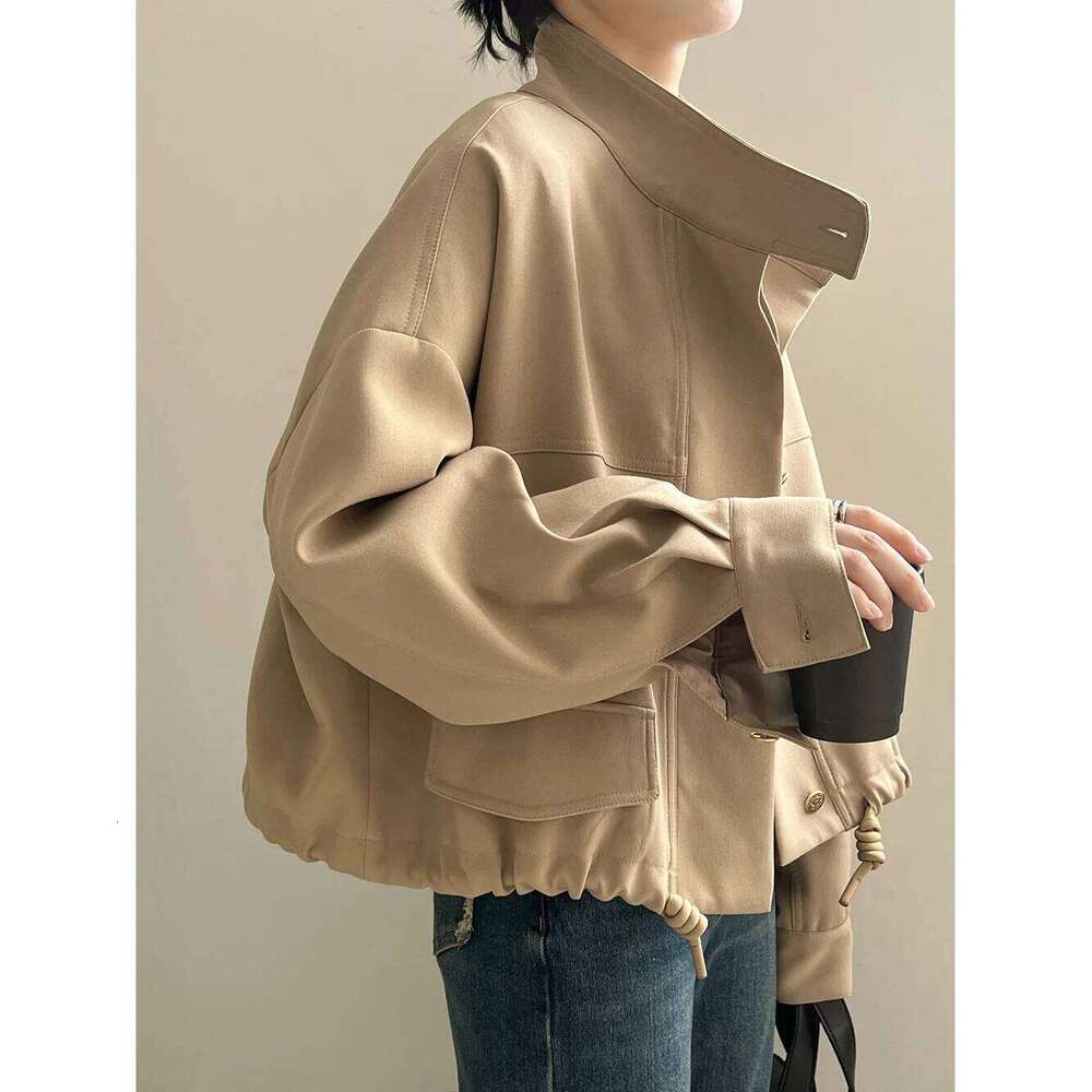 FSMG Women's Casual Jacket,Autumn Korean Style Stand Collar, Comfortable Loose Fit Solid Color, Short Jacket with Drawstring Hem