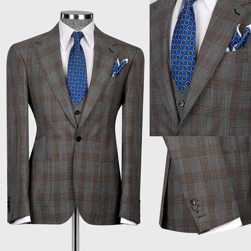 Trim Fit Check Wedding Tuxedos 2 Piece Set Jacket Vest Men Suit Classic One Button Customized Groom Wear Party Formal Suits