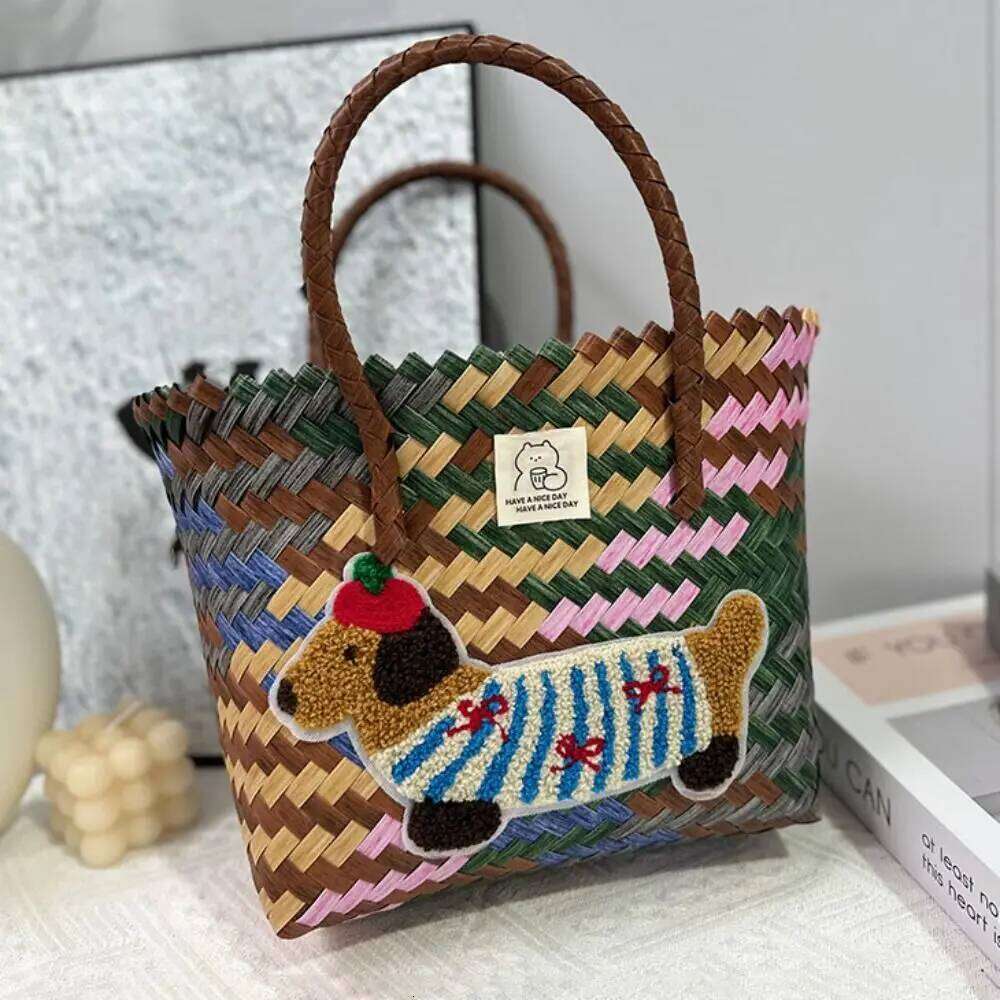 Women's Bags Designer Funny Cute Sausage Dog Woven Handbags Large Capacity Bamboo Handle Weaving Basket Casual Shopping Tote Bags Vacation Beach 