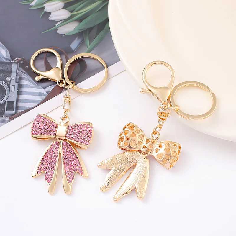 Metal Bow Keychain Gold Plated Rhinestone Keyring Bag Charm Jewelry for Women W250604