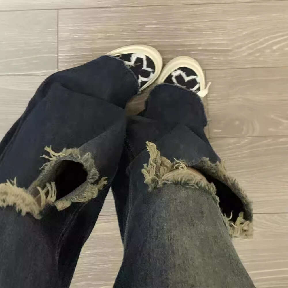 American Style Ripped Straight Leg Jeans For Women, Summer Thin Plus Size, High Waist, Loose Fit, Slimming, Wide Leg, Floor-Length Pants B5