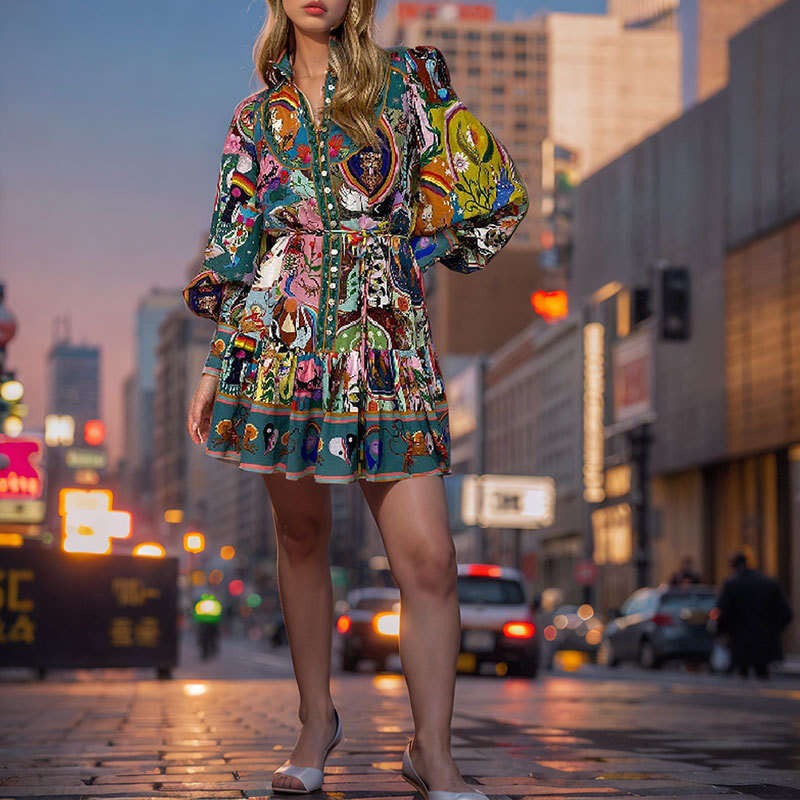 Women's Printed Round Neck Waist-Tied Ruffle Pleated Dress B5