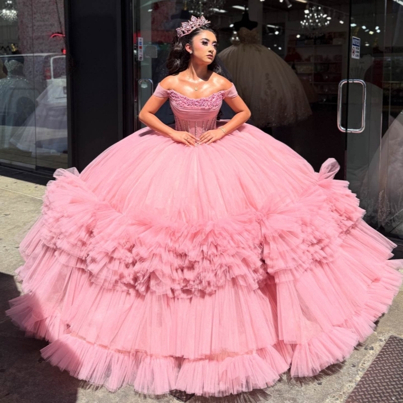 Pink Quinceanera Dresses Ball Gown Off The Shoulder Beading Tiered Tull Party Birthday Sweet 16 Dress Vestidos 15 De Anos