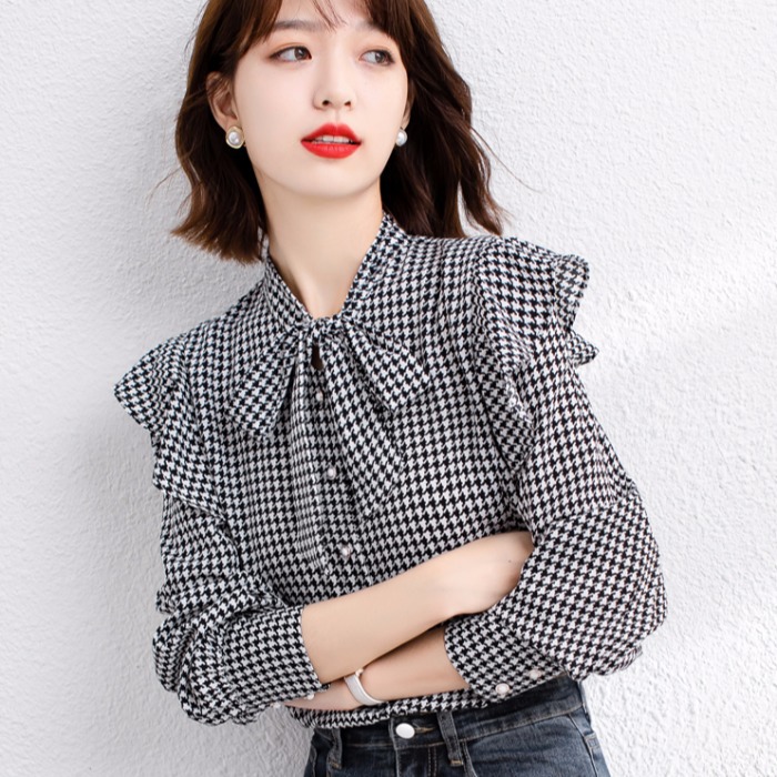 Thousand bird grid shirt for women with a sense of design niche spring clothing 2025 new butterfly bow shirt for women fashionable versatile top