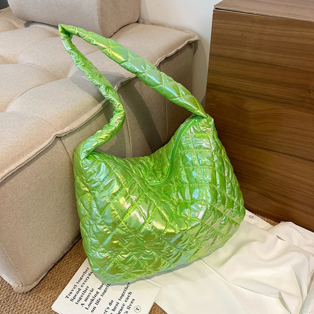 Cotton Padded Women Tote Bag Large-capacity Ladies Tote Handbags Laser Multicolor Rhombus Pattern for Travel Work for Daily Life 250603