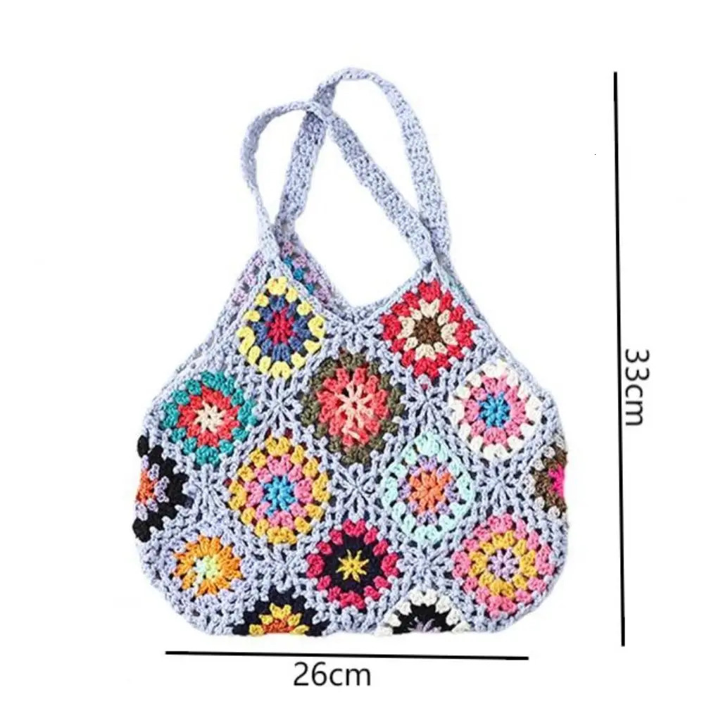 Large Capacity Fashion Cut-out Boho Tote Bag Trendy Floral Crochet Handmade Knitted Bag Vintage Multicolor Hollow Out Handbag 250603