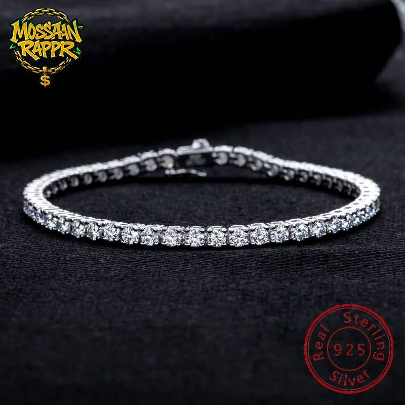 MossanRappr 3mm 5.2-6.5cttw Moissanite Dia Tennis Bracelet Sterg Sier Iced Out Hip Hop Jewelry Gifts for Men Women