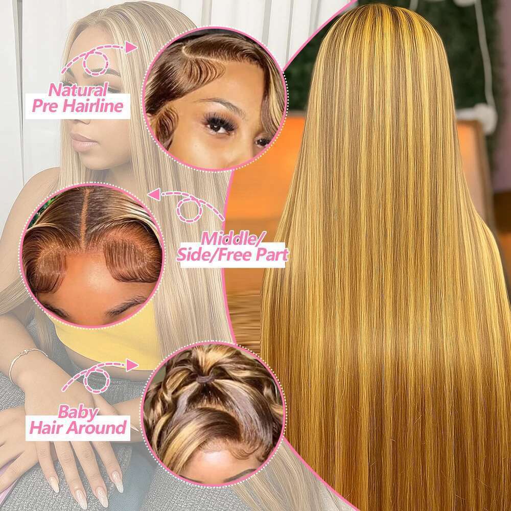 P4/27 Highlight Bone Straight 13x4 HD Lace Frontal Wigs Brazilian Ombre Honey Blonde Colored Human Hair Wig For Women