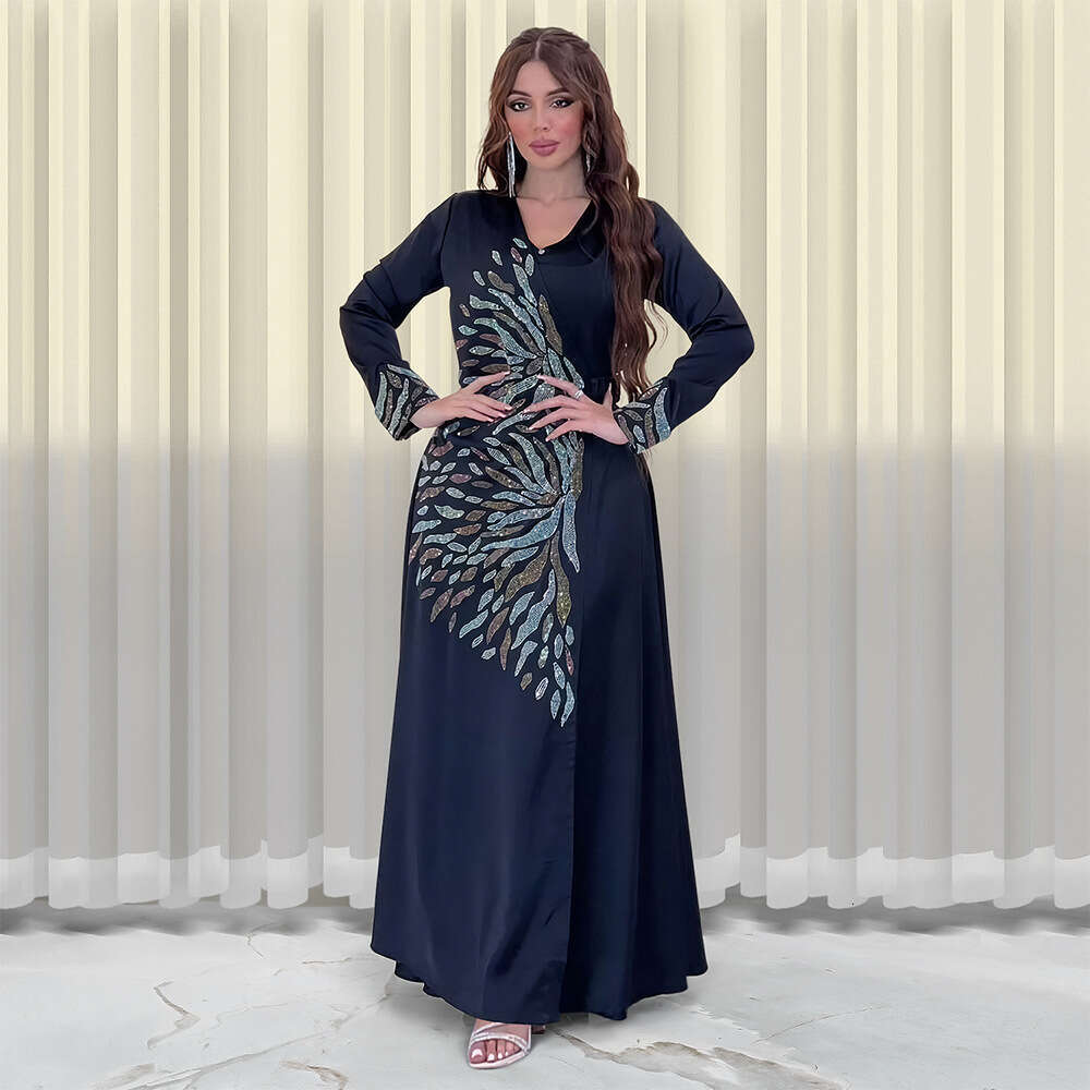 Because0177 Fashion Rhinestone Abaya Satin Evening Dress Dubai Arabic Open Front Robe B5