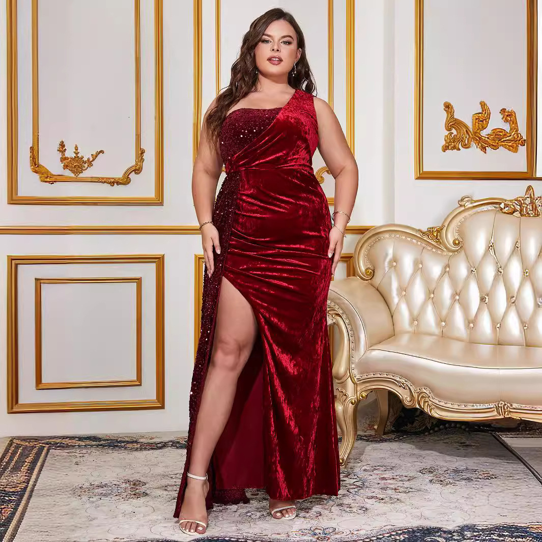 New Solid Color Sexy Single Shoulder Sparkle Dress for Plus Size Ladies