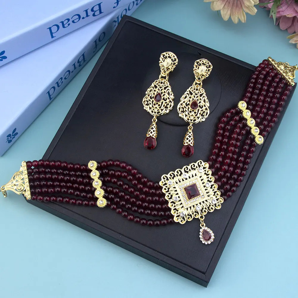 Sunspicems Gold Color Moroccan Beads Chain Choker Necklace Long Drop Earring For Women Arabic Bridal Jewelry Set Square Pendant 250530