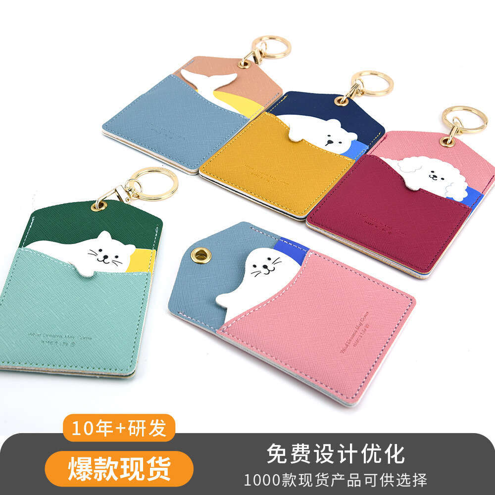 Korean and Japanese Cute Animal Leather Three Slots Student Bus Meal Card Holder Portable Keychain ID Clip
