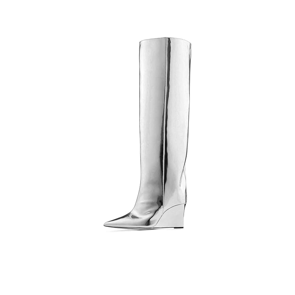 ARQA Ladies' Pointed-Toe Metallic Thigh-High Boots with Platform Sole