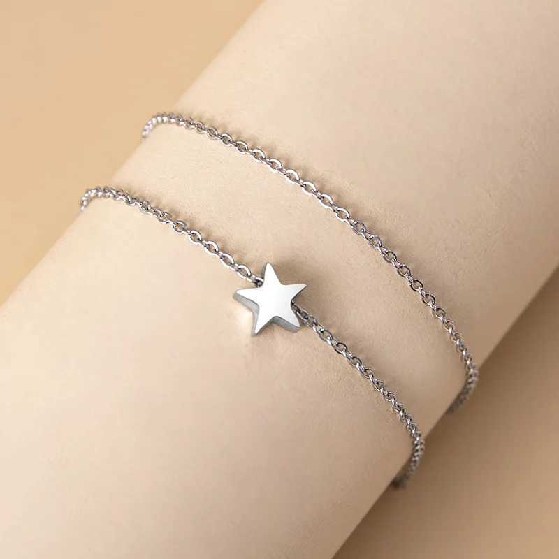 2024 New Star Charm Anklet Stainless Steel Double Layered Chain Ankle Bracelet For Women Girls Summer Beach Jewelry W250604