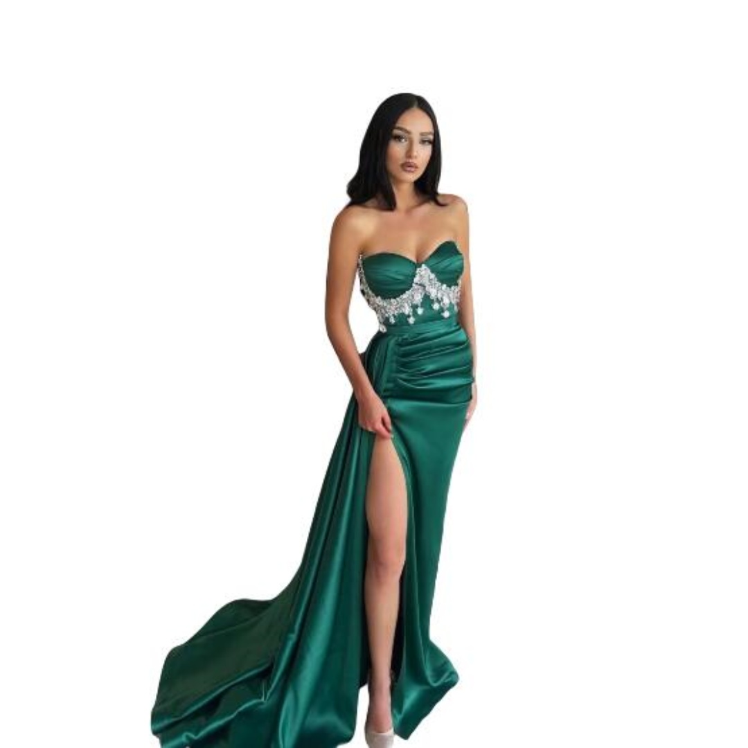 Elegant Strapless Beaded Evening Dress Sparkly Sequined Appliques Mermaid Bridal Gown Side Slit Bride Dresses Customized