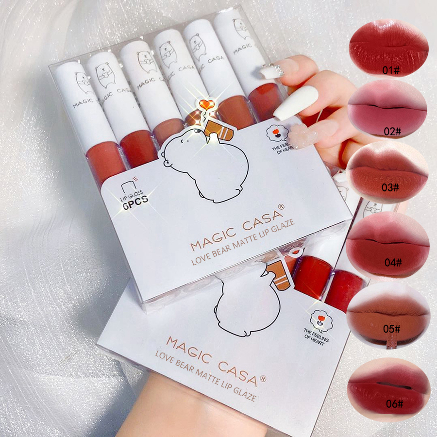Love Bear Lip Glaze Set 6pcs set Lip Glaze Matte Velvet Lipstick Lip Clay Texture Lip Colour for Students DH1003