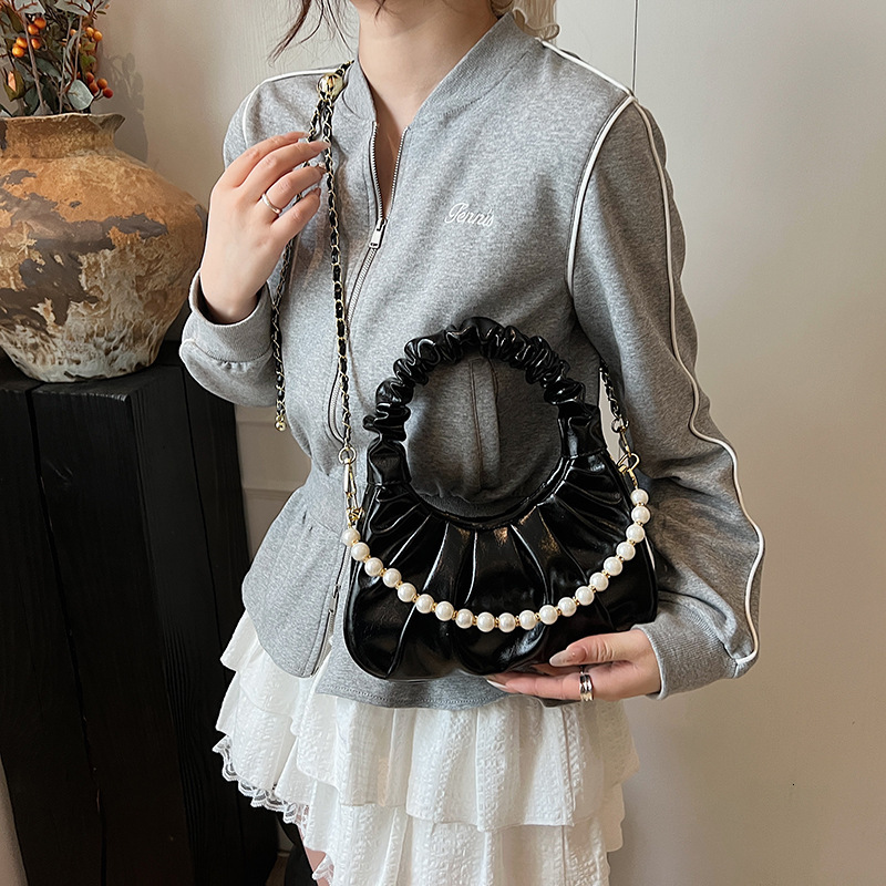 designer 2025 New Pleated Beaded Popular Light Luxury Niche Handbag for Women High-end Chain Versatile Shoulder Crossbody Bag