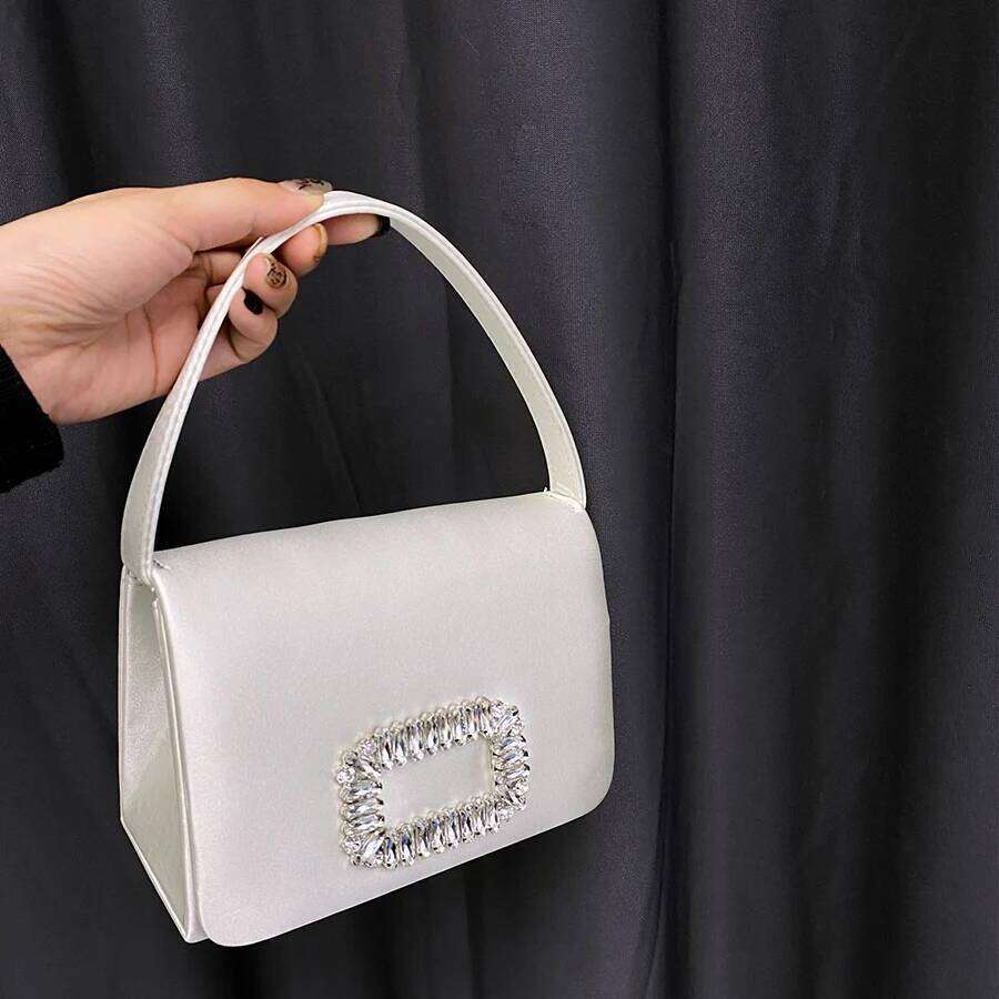 Dia Button Women's Evening Party Clutch Purses Satin Rhinestone Small Square Chains Shoulder Bag Bolsa