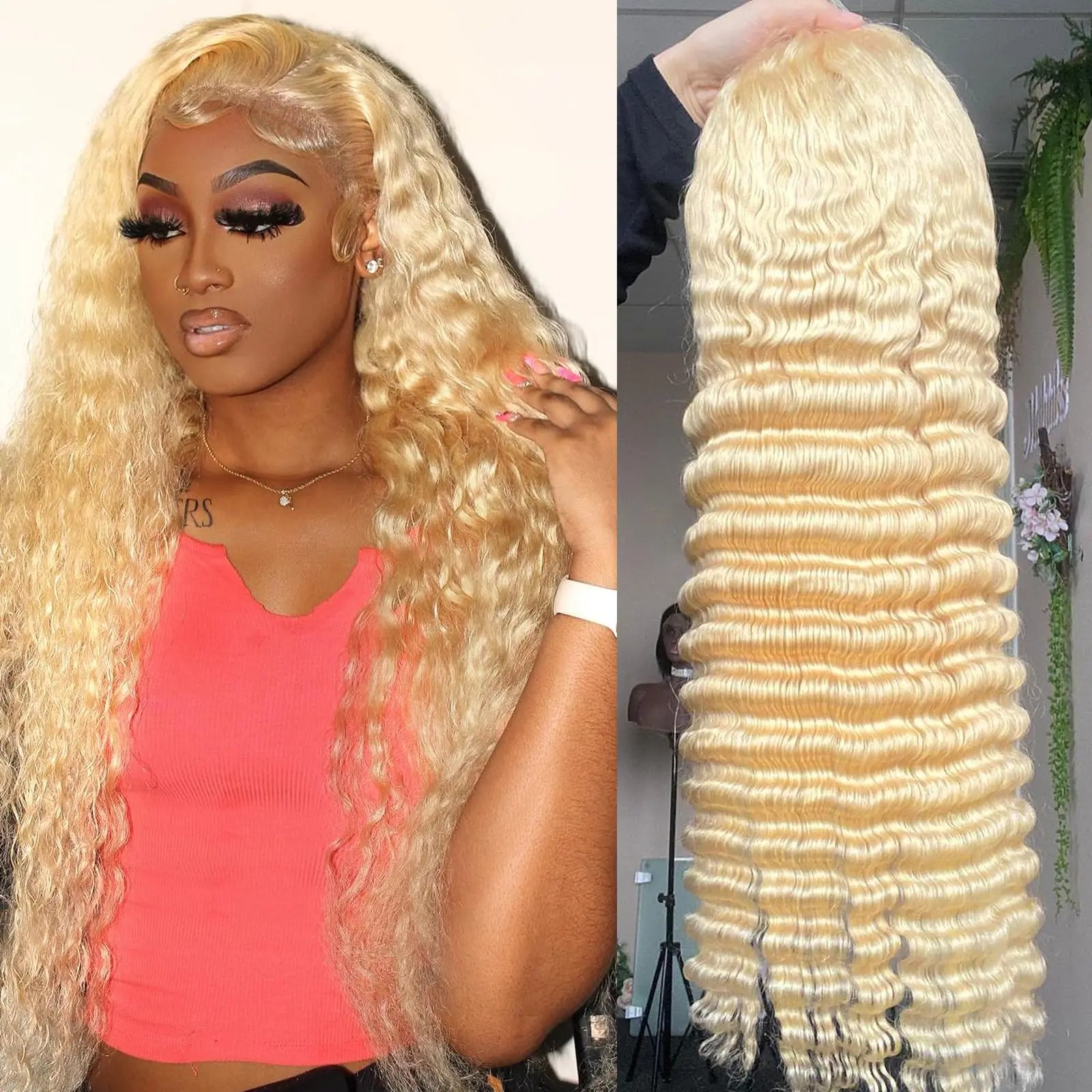 613 Blonde Lace Front Wig Human Hair 13x6 Deep Wave Lace Front Wigs 200 Density HD Lace Frontal Wig Pre Plucked Synthetic