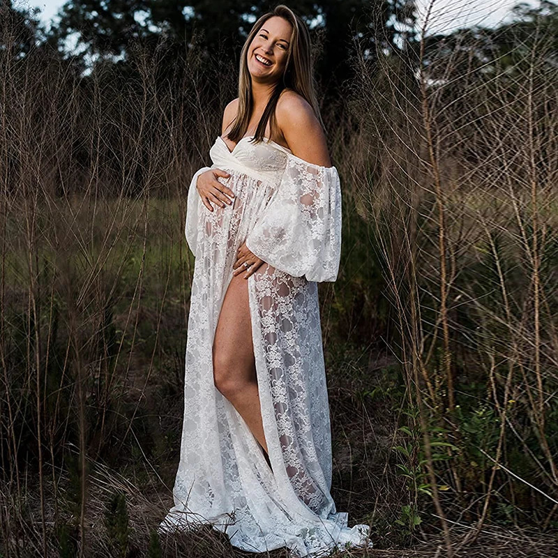 Maternity Dress Soft Stretchy Lace Off Shoulder Doubly Split A line Skirt Pregnancy Maxi Gown for Poshoot 250530