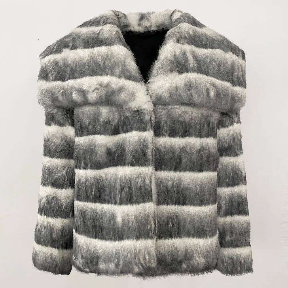 MENINA 2025 New Real Natural Rabbit Long Fur Stripe Winter Jacket Women Thick Warm Elegant Outerwear Streetwear Loose Coat