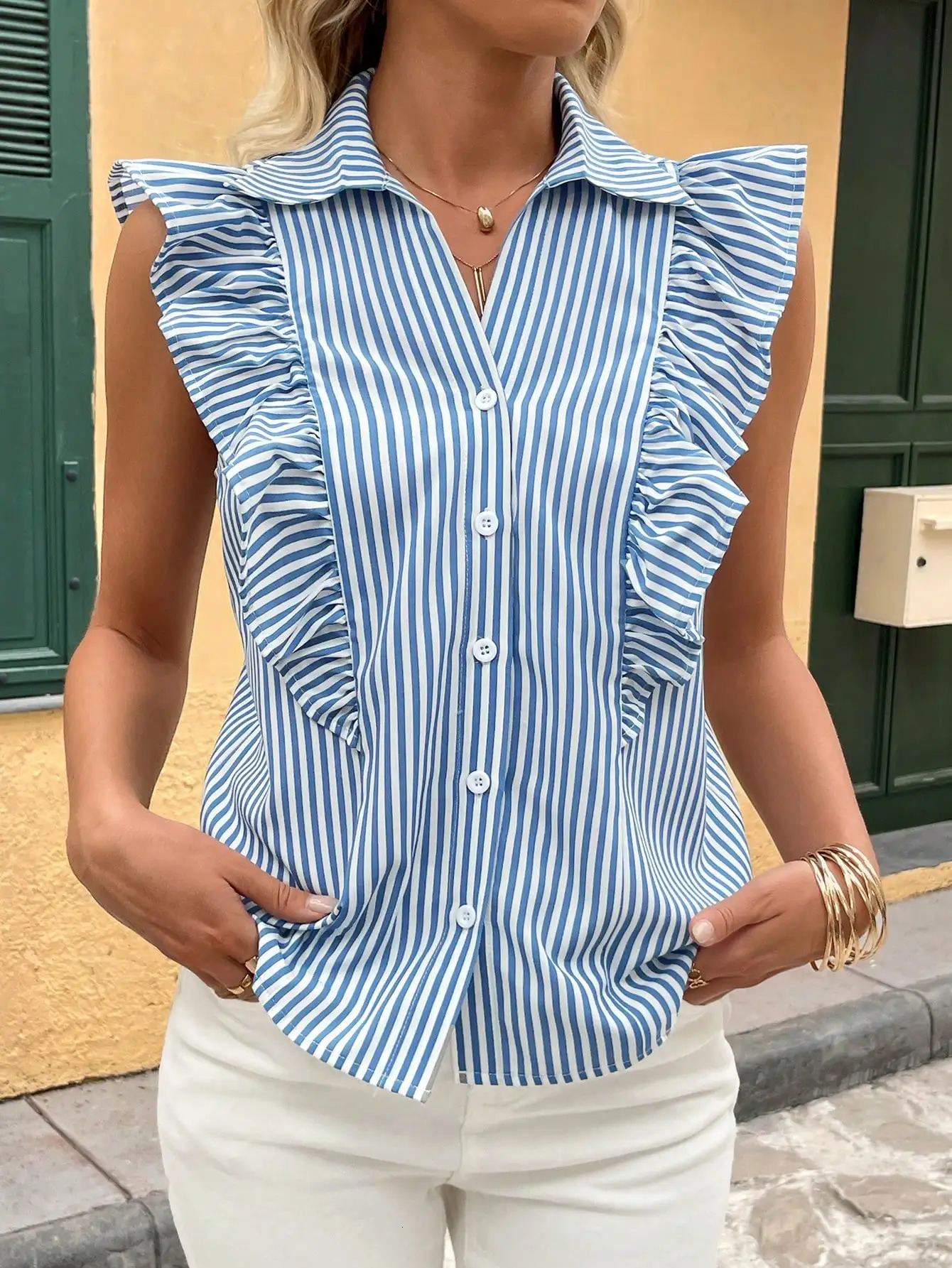 Elegant door cylinder lapel sleeveless ruffle blue white striped spring and summer womens shirt 250516Z