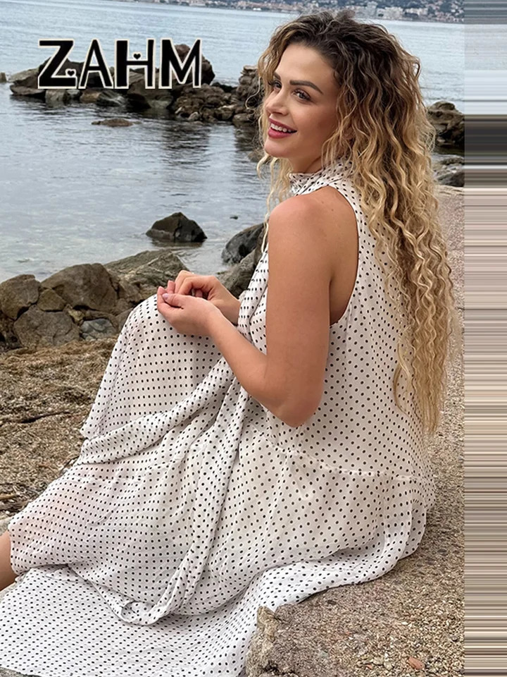 Elegant Polka Dots Halter Ribbons Dress Women Loose Sleeveless Scarf Irregular Long Dresses Female Summer Lady Robes 250604