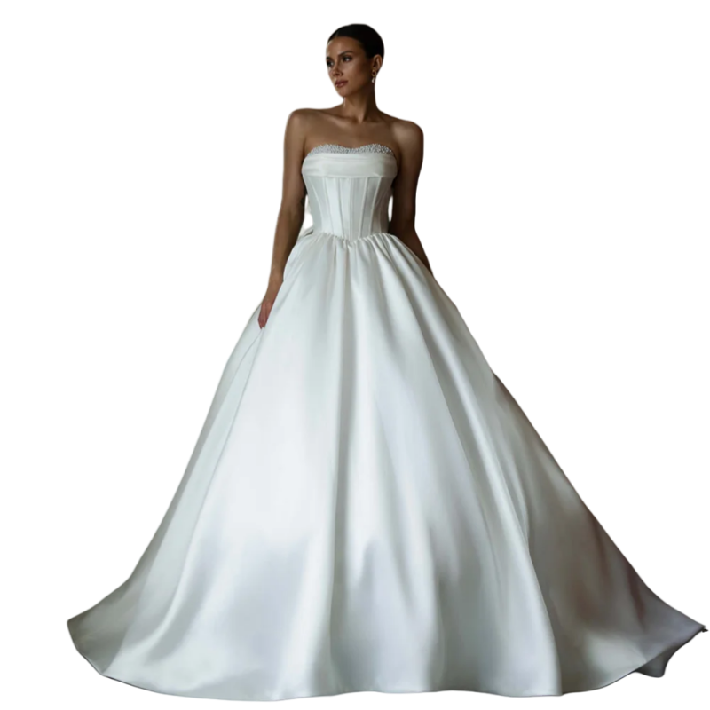 Strapless Beaded White Satin Simple Wedding Dress Sweetheart Sleeveless Pearls Pleat Corset Bridal Gown 2025 Elegant Bride Robe De Mariee Sweep Train