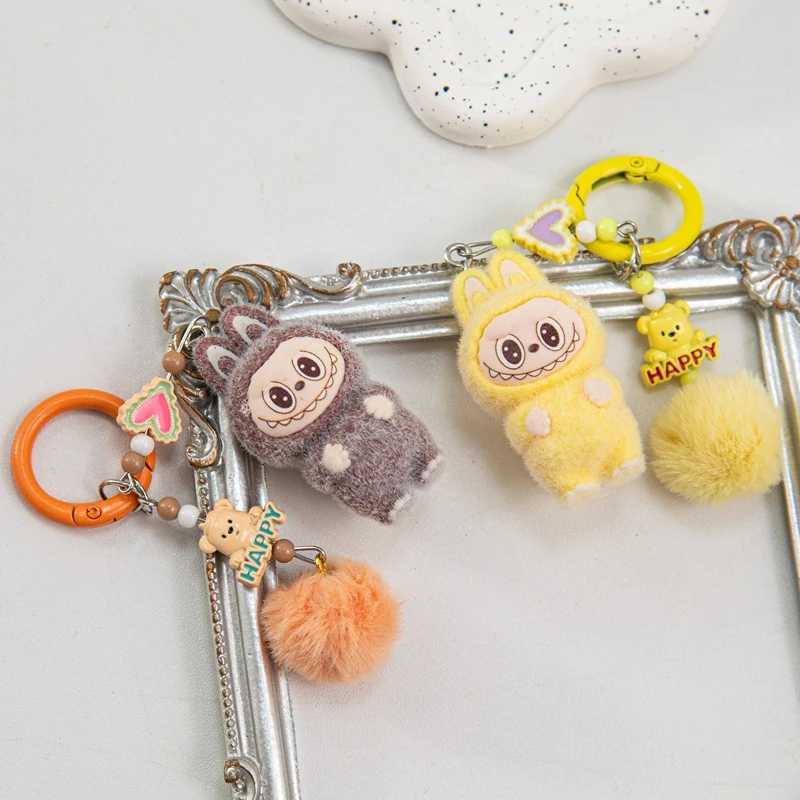 New Arrival Sitting Labubu Keychain Mini Flocking Labubu Key Chain Kawaii Cell Phone Charm Ornaments Cute Rabbit Keyring Gift U250604