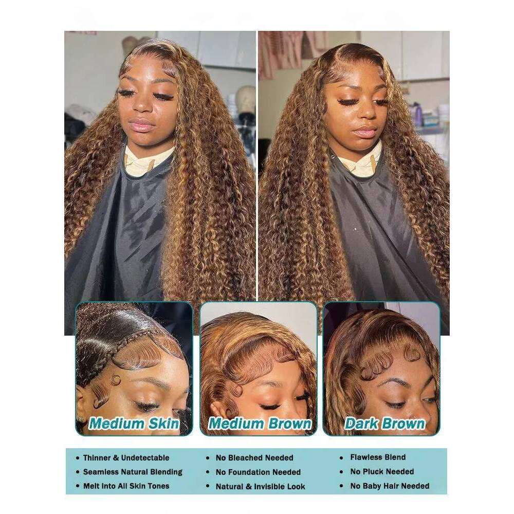 230 Density 4/27 Highlight Ombre Deep HD Front Wigs Curly 30 40 Inch Brown 13x6 Lace Frontal Human Hair Wig Water Wave