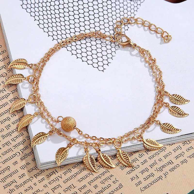 New European and American selling beach leaf anklet simple double tassel ethnic style women small leaf foot Accessories Jewelry W250604