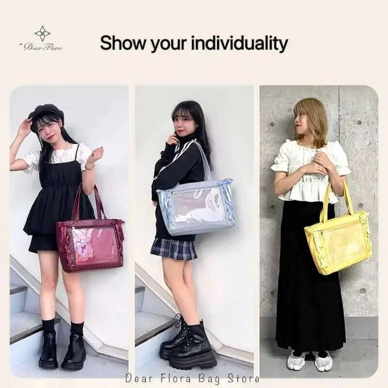 Japanese Sweet Women Ribbon Ita Cute Lolita Girl Transparent Handbags Fashion Large Capacity Tote Aesthetic Shoulder Bag