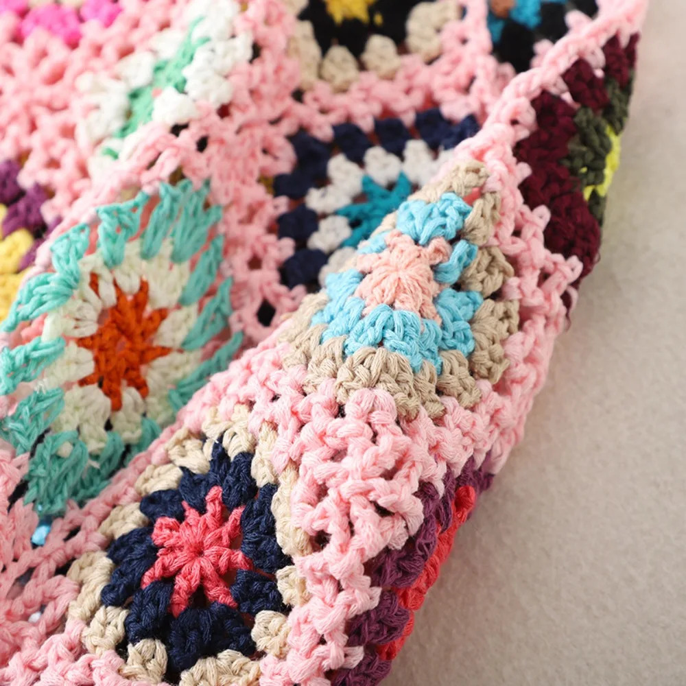 Large Capacity Fashion Cut-out Boho Tote Bag Trendy Floral Crochet Handmade Knitted Bag Vintage Multicolor Hollow Out Handbag 250603