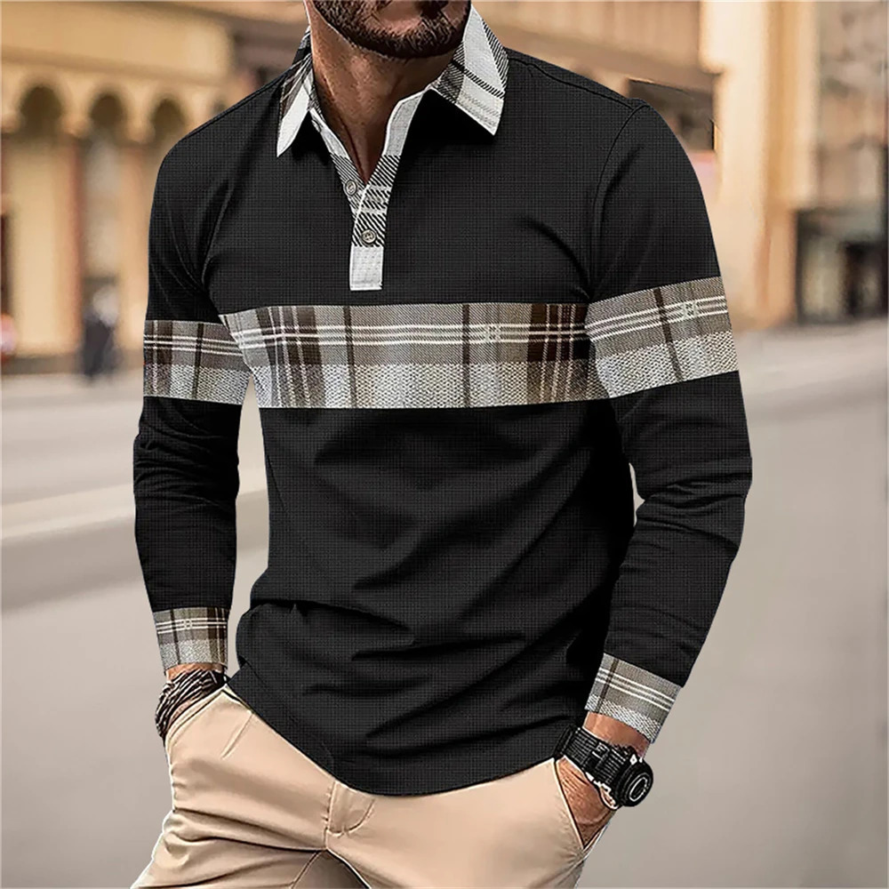 Fashion Flip Collar Office Polo Shirt Mens Breathable Leisure Long Sleeve Tops Spring and Autumn Plaid Casual Clothing 250604Z
